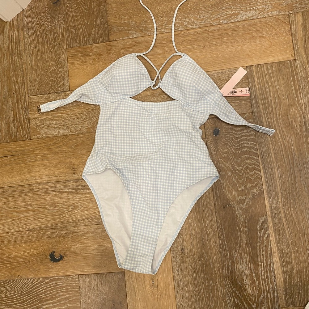 Victoria’s Secret gingham light blue one piece swimsuit size M NWT